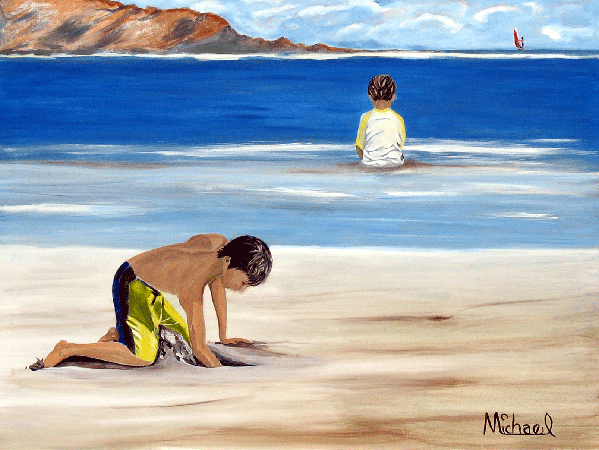 Boys on Beach is an original signed acrylic painting on canvas by award winning Citrsu County Florida artist Michael Arnold