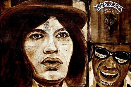"Rock Through the Ages" close up view of Mick Jagger, Ray Charles and the album cover of the "Eagles"