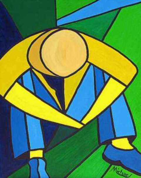 man in blue green and yellow painting by Michael Arnold