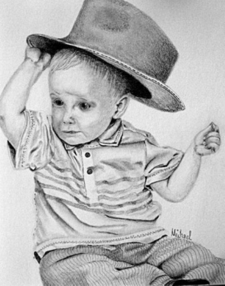 Boy in a hat drawing by artist Michael Arnold