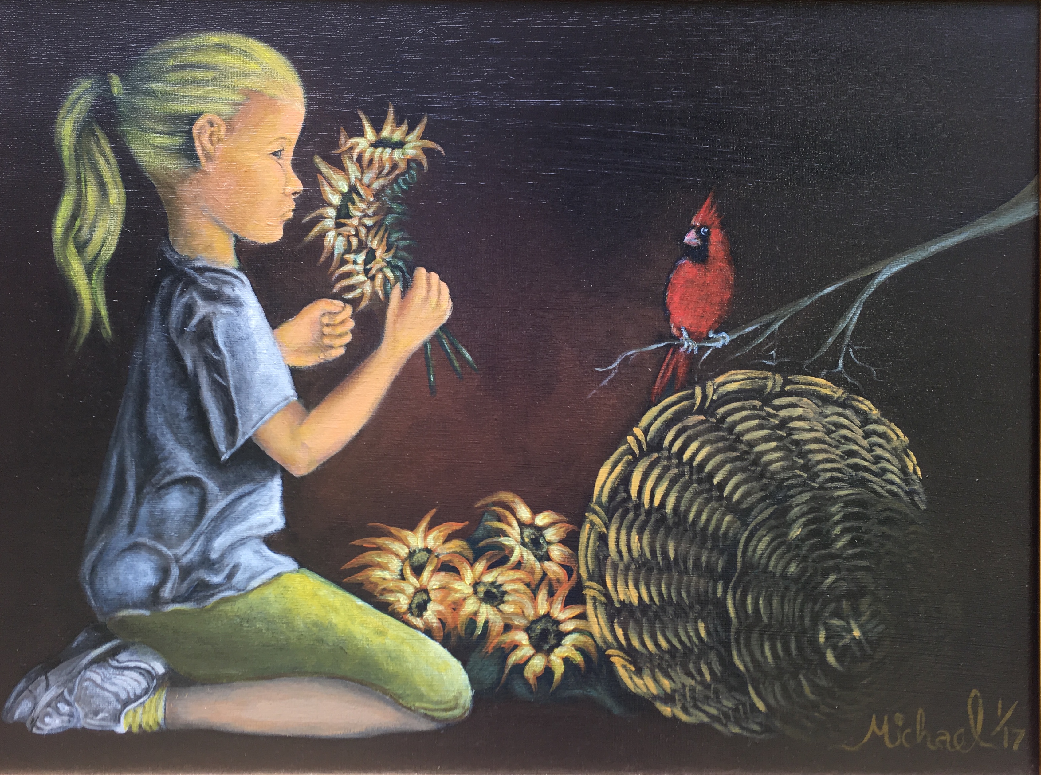 Girl with a sunflower and cardinal